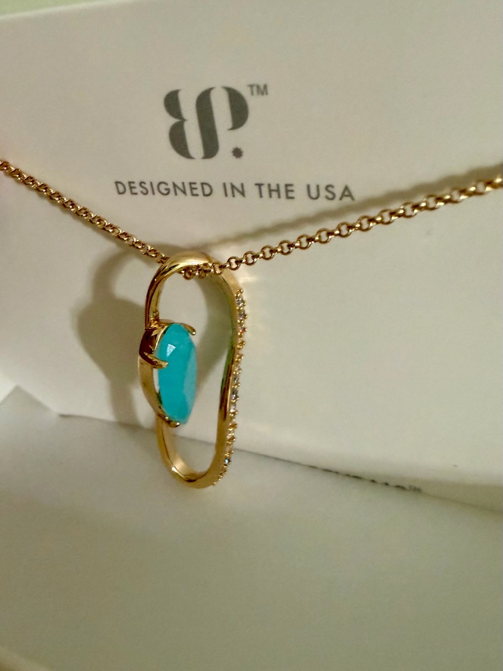 BP Gold Necklace with Turquoise Stone and Pavé Loop
